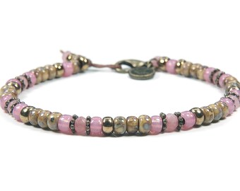 Bracelet bohème en perles de jade rose naturel, bracelet de perles Miyuki Picasso, bijoux bohèmes, bracelet de l'amitié, bracelet bohème de pierres précieuses