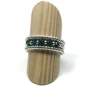 Natural Emerald Stretch Ring, Silver/Gold Ring, Birthstone Stretch Ring, Emerald Beaded Stretch Ring, Beaded Miyuki Elastic Ring Silver