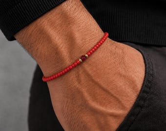 Ruby Beaded Miyuki Bracelet, Men Minimalist Beaded 3mm