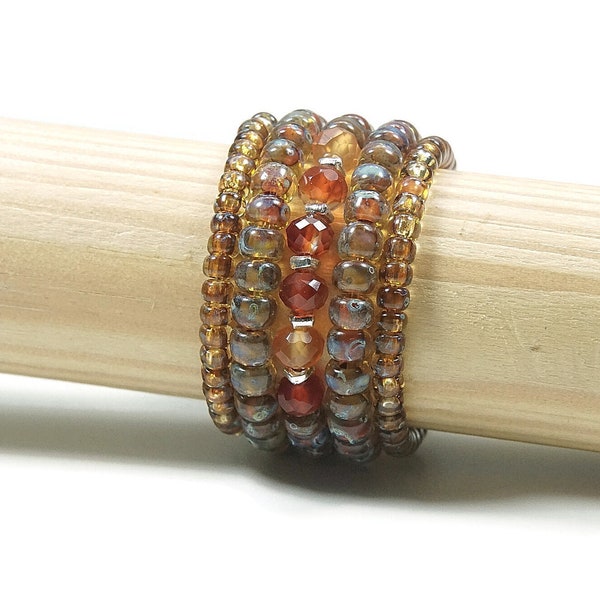 Fire Agate Stretch Ring, Beaded Stretch Ring, Gemstone Stretch Ring with Sterling Silver