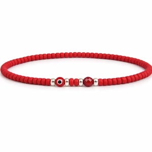 Rote Miyuki Perlen Evil Eye Armband, 3 mm Rubin Stretch Armband