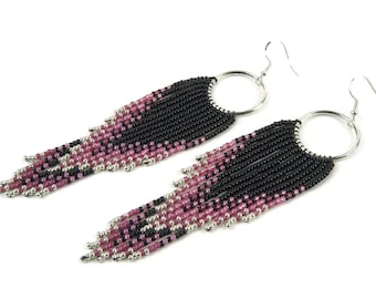 Black, Pink and Silver Beaded Fringe Long Earrings, Woven Beaded Earrings, Handmade Earrings