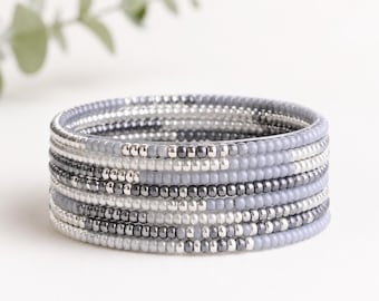 Gray Silver Miyuki Bracelet Set of 8 Minimal Beaded Stretch Bracelets