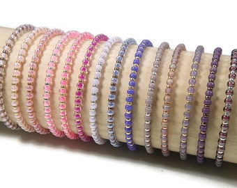 Elastic Beaded Stretch Bracelets in Shades of Pink and Purple, Miyuki Bracelets, Minimalist Stretch Bracelets, Friendship Bracelets
