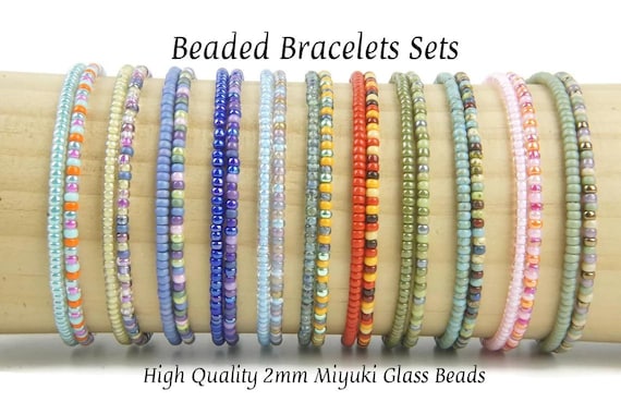 Miyuki Beaded Bracelet Set of 2 | 2mm Seed Bead Bracelets | Stackable Stretch Bracelets | Minimal Boho Jewelry