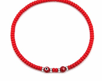 Ruby Evil Eye Bracelet 3mm Miyuki Beaded Stretch Bracelet Red