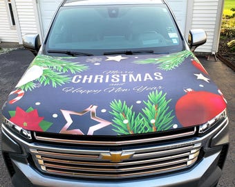 X-mas Auto Hood Cover , Happy New Year , Hood Flags , Gifts for X-Mas , Unique , One of a Kind , Custom , Happy Holidays , Handmade Gifts