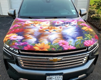 Flowerful Kittens Auto Hood Cover | Cat Lovers | Felines | Kittens | Auto Hood Accessories | Ailurophiles | Gifts for people who love Cats