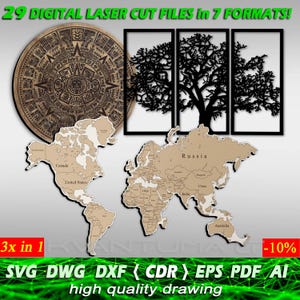May include: A digital download of 29 laser cut files in 7 formats, including SVG, DWG, DXF, CDR, EPS, PDF, and AI. The files feature a world map, a tree, and a circular design. The text "3x in 1" and "high quality drawing" is also visible.