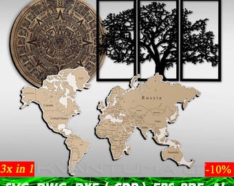 Mayan Calendar SVG | World Map dxf | Wooden Triptych Wall Art CDR | Laser Cut Vector File ai pdf DWG | cnc Home Decor Designs