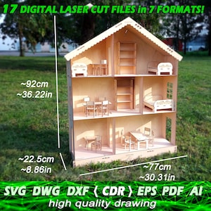 Dollhouse svg, Doll furniture cdr, DXF files for laser, CNC router and laser cutting eps, File laser dwg, Laser cut cnc, dxf file, ai, PDF design, Wooden Doll house Furniture Set Laser Cut doll house