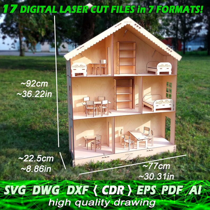 Dollhouse svg, Doll furniture cdr, DXF files for laser, CNC router and laser cutting eps, File laser dwg, Laser cut cnc, dxf file, ai, PDF design, Wooden Doll house Furniture Set Laser Cut doll house