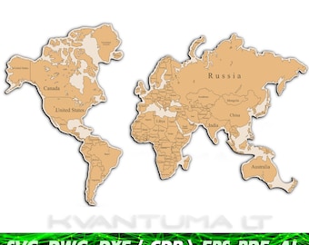 World Map SVG | Laser Cut Vector File dxf | cnc Wood Wall Map ai CDR | Large Wooden Map for Glowforge & Laser Cutting pdf DWG