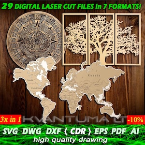 May include: A digital download of 29 laser cut files in 7 formats, including SVG, DWG, DXF, CDR, EPS, PDF, and AI. The files feature a world map, a tree, and a circular design. The text "29 DIGITAL LASER CUT FILES in 7 FORMATS!" is at the top of the image. The text "3x in 1" is in the lower left corner of the image. The text "Kvantumact -10%" is in the lower right corner of the image. The text "SVG DWG DXF (CDR) EPS PDF AI high quality drawing" is at the bottom of the image.