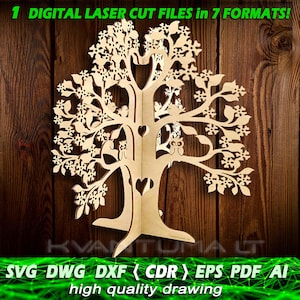 Könnte beinhalten: Eine Laser-Schnittdatei eines Baumes mit Eulen und Herzen. Das Design ist in 7 Formaten verfügbar: SVG, DWG, DXF, CDR, EPS, PDF und AI. Der Text "1 DIGITAL LASER CUT FILES in 7 FORMATS!" befindet sich oben im Bild. Der Text "SVG DWG DXF (CDR) EPS PDF AI high quality drawing" befindet sich unten im Bild.