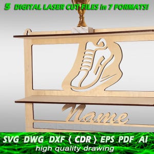 Porta medaglie sportive per corridori e calciatori SVG / Porta premi personalizzato DXF / Appendi trofei cdr / Porta nome tagliato al laser cnc ai PDF dwg