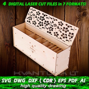 Op de afbeelding: Een houten doos met een deksel met een bloemenpatroon. De doos heeft meerdere vakken en is gelabeld met "Seklos". De afbeelding bevat de tekst "4 DIGITAL LASER CUT FILES in 7 FORMATS!" en "SVG DWG DXF (CDR) EPS PDF AI high quality drawing".
