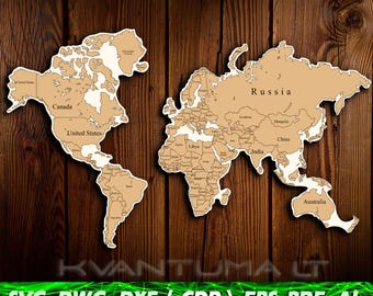 World Map SVG, high quality drawing eps, large Wood painting laser cutting dxf, ai, cdr, pdf, dwg files for CNC laser cut, interior design