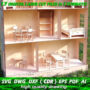 Dollhouse svg, Doll furniture cdr, DXF files for laser, CNC router and laser cutting eps, File laser dwg, Laser cut cnc, dxf file, ai, PDF design, Wooden Doll house Furniture Set Laser Cut doll house