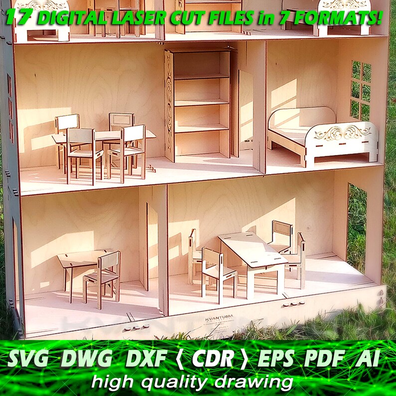 Dollhouse svg, Doll furniture cdr, DXF files for laser, CNC router and laser cutting eps, File laser dwg, Laser cut cnc, dxf file, ai, PDF design, Wooden Doll house Furniture Set Laser Cut doll house
