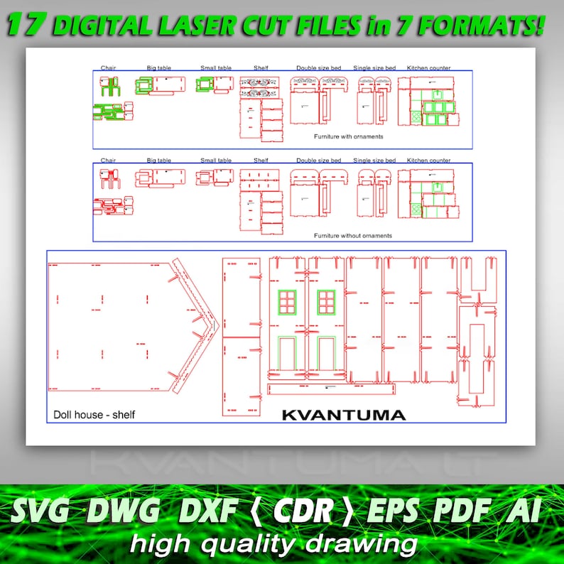 Dollhouse svg, Doll furniture cdr, DXF files for laser, CNC router and laser cutting eps, File laser dwg, Laser cut cnc, dxf file, ai, PDF design, Wooden Doll house Furniture Set Laser Cut doll house