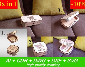 3x in 1, save-10% Jewellery box, gift box, CNC router and laser cutting, file laser, dxf file, ai, cdr, dwg, svg, wood box