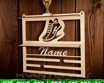 Medal holder for runner and football svg, award shelf with name cdr, dxf, eps, dwg, trophy hanger ai, CNC vector template for laser cut pdf