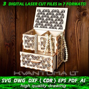 May include: A wooden jewelry box with a laser-cut design. The box has two drawers and a lid. The lid is open and the box is empty. The box is made of light wood and has a natural finish. The box is 3D printed and has a geometric design. The box is perfect for storing jewelry, small items, or other trinkets.