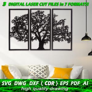 May include: Three black silhouette tree wall art panels against a white background. The panels are arranged in a row, with the middle panel featuring a full tree and the side panels featuring partial trees. The text "3 DIGITAL LASER CUT FILES in 7 FORMATS!" is at the top of the image. The text "SVG DWG DXF (CDR) EPS PDF AI high quality drawing" is at the bottom of the image.