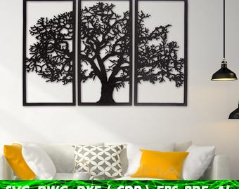 Tree of Life Wall Art SVG | Wooden Wall Decor DXF | Triptych cnc Panel cdr | Openwork Laser Cut Screen ai DWG | Vector File cnc & Glowforge