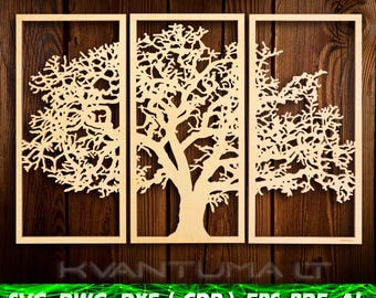 Wooden wall painting art decor svg, Triptych cdr, Tree of life dxf, Openwork wall decor ai, Decorative screen dwg, CNC and laser cut, Vector