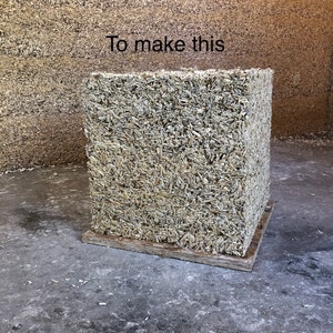 May include: A close-up of a cube made of straw bale material. The cube is sitting on a wooden platform. The text "To make this" is written above the cube.