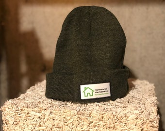 Homeland Hempcrete Logo Beanie, Mens Dark Olive Green Beanies, Winter Beanie