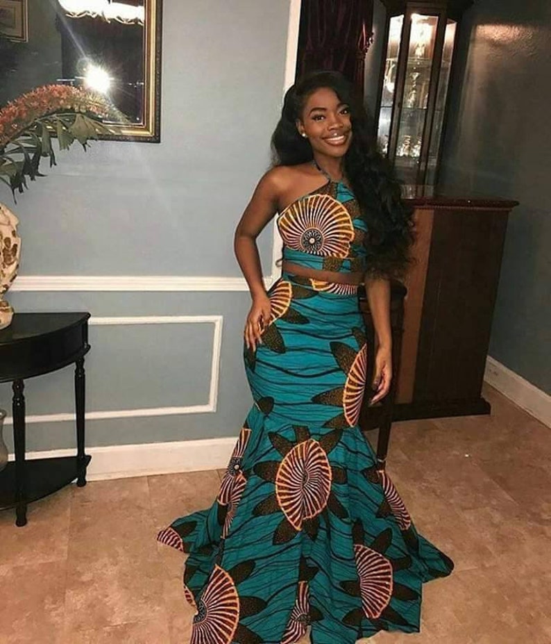 African dress, Ankara style,long skirt and crop top,Ankara dress, handmade dress,African women's dress, wedding dress,crop top, halter neck image 1