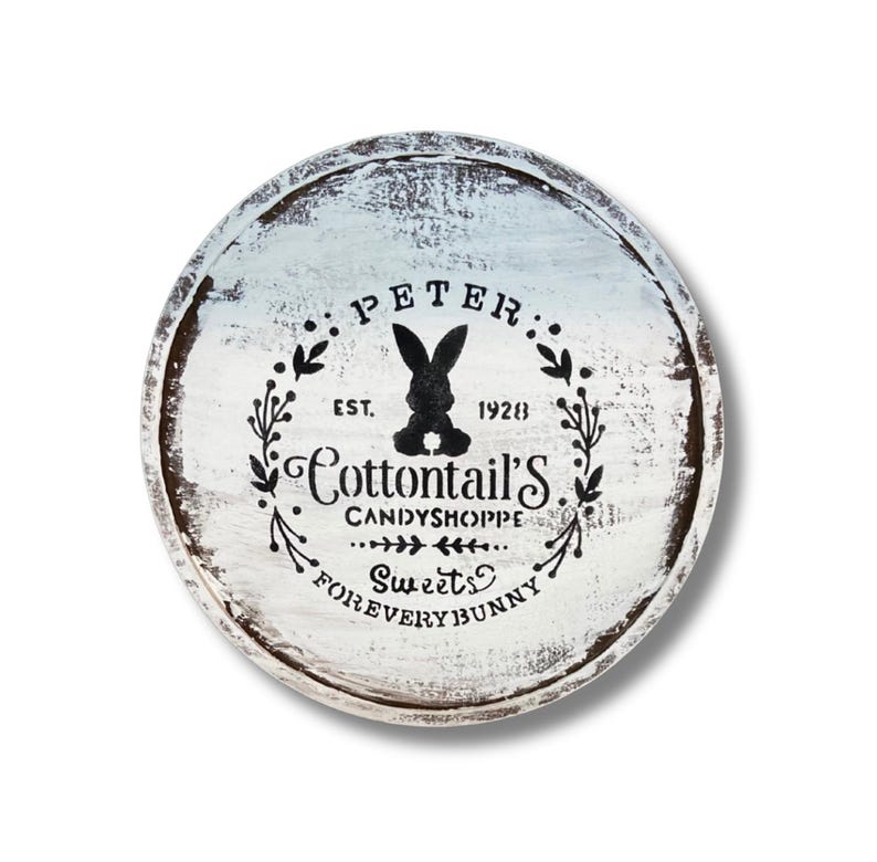 Easter Bunny Wooden Wall Decor Sign – Rustic Farmhouse Spring Wall Art – Peter Cottontail Candy Shoppe – Vintage Style Round Wood Plaque image 1