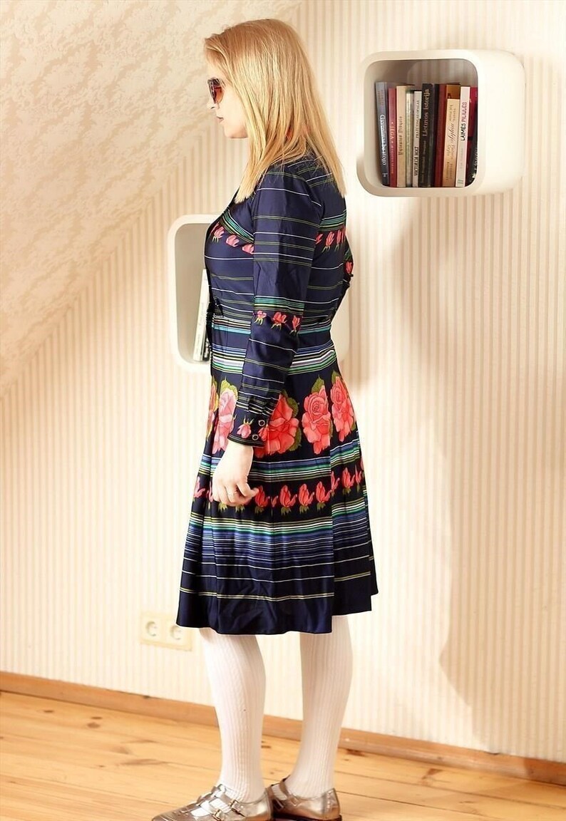 Drak blue navy long sleeve striped vintage dress with bright flowers