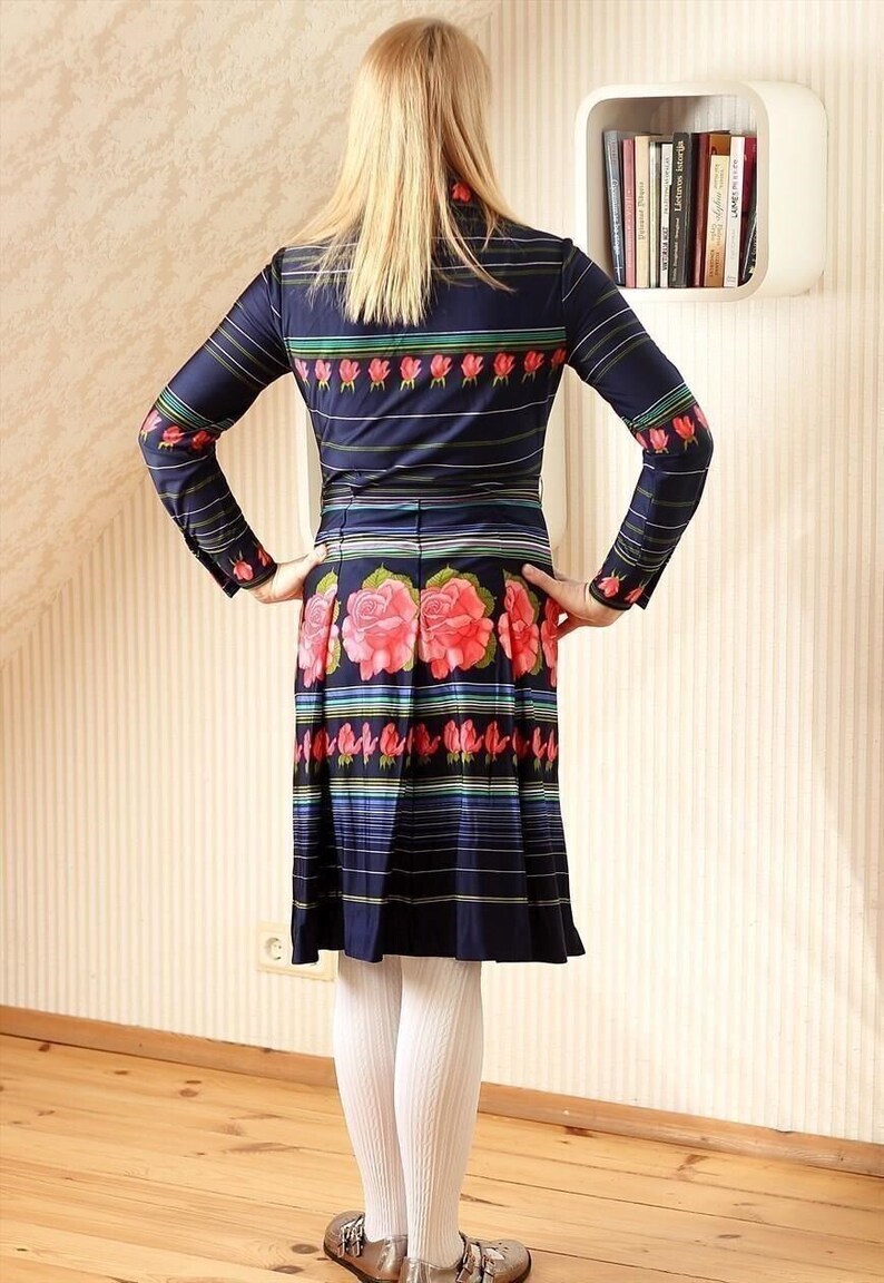 Drak blue navy long sleeve striped vintage dress with bright flowers
