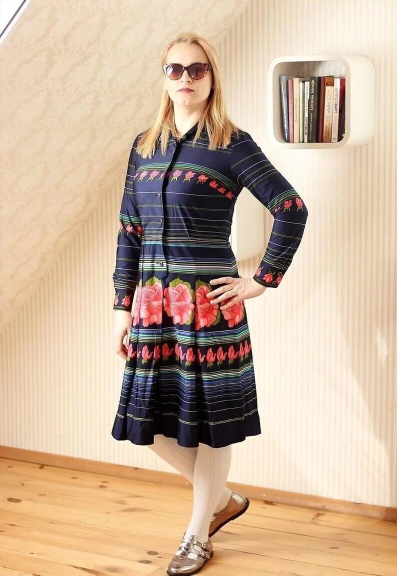 Drak blue navy long sleeve striped vintage dress with bright flowers