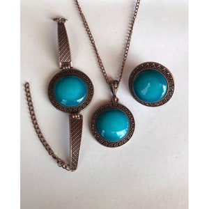 Juego de joyería de cerámica, anillo de piedras preciosas, pulseras azules, medallón de cerámica, juego de joyas de azulejos, anillo de cerámica, pulsera egipcia, regalo único para ella