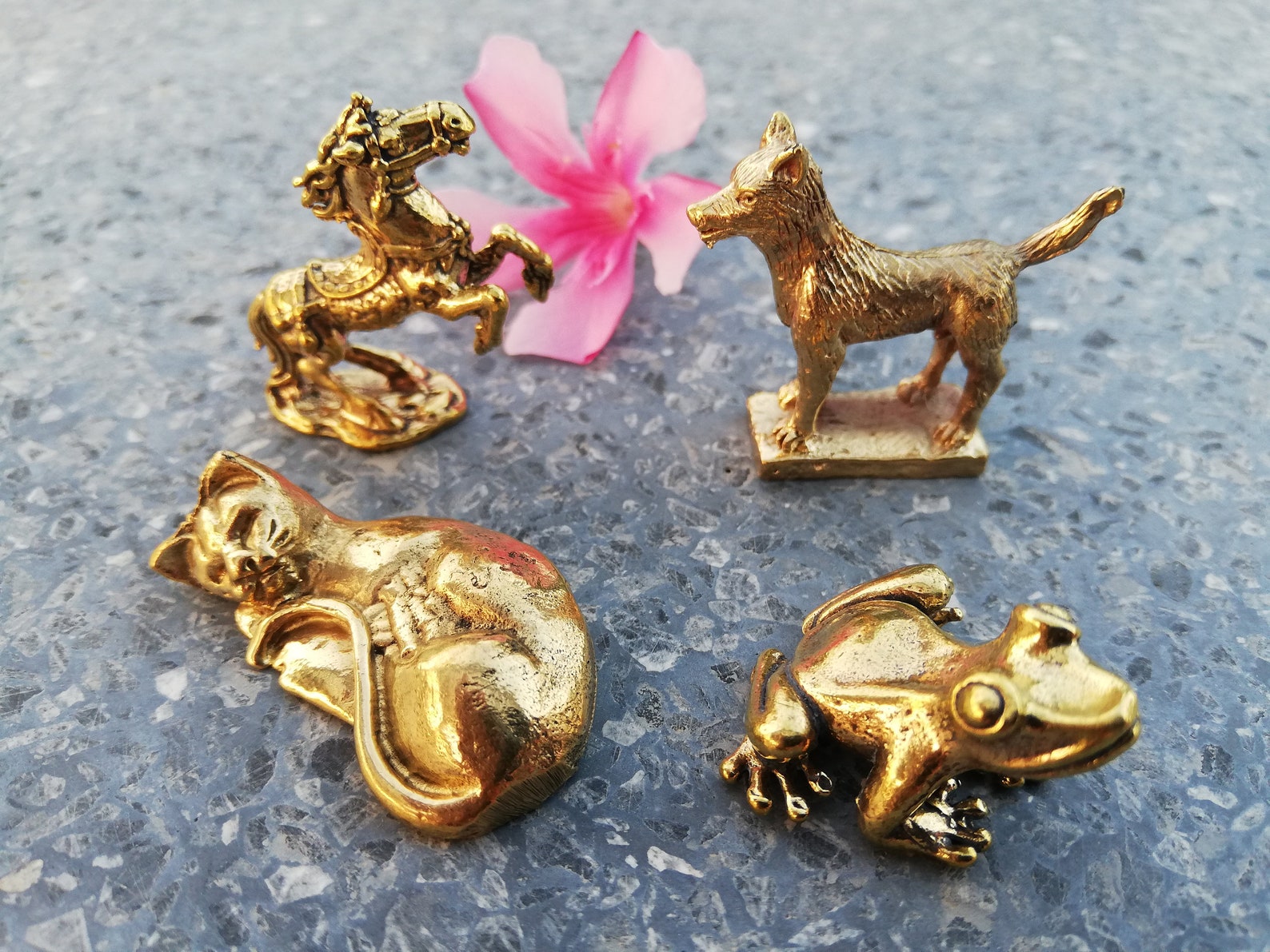 Set of 4 figurines brass animals catdoghorsefrog brass Etsy