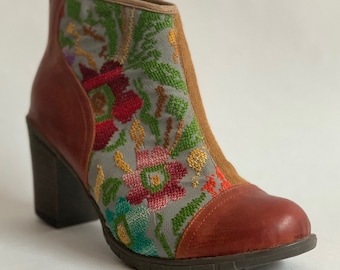 Bold Repurposed Palestine Embroidered Booties with Leather Accents