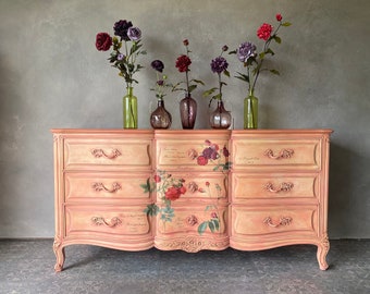 Vintage Henredon 9 Drawer French Provencial Dresser ~ Hand Painted Dresser Coral Yellow Red Roses ~ Triple Dresser ~ TV Console