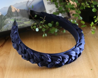 Navy blue silk headband,Wedding headband,Puffy braided headband,Satin headband,Minimalist headband,Narrow headband for women,Spring headband
