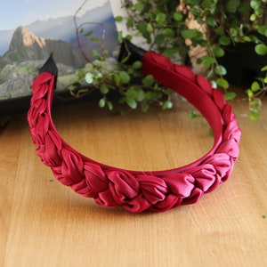Wine red headband,Red silk headband with braid,Braided head band,Thin hair band for women,Classic spring headband for women,Holiday headband