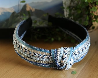 Blue Knotted Headband with Rhinestones and Sequins: Boho Hairband