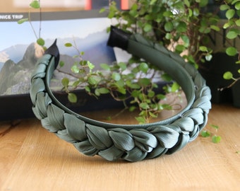Green Braided Satin Headband: Vintage Style Hair Band