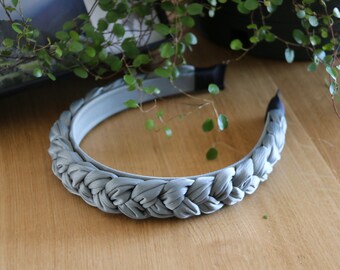 Gray Blue Braided Satin Headband: Adult Spring Hair Accessory