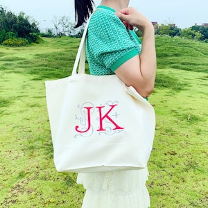 Personalized Initial Embroidery Canvas Tote Bag - Large Monogrammed Gift