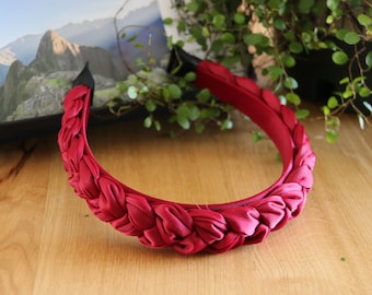 Wine Red Braided Satin Headband: Thin Hair Band
