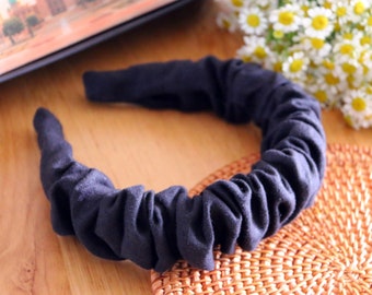 Black Linen Scrunchie,Linen Headband,Ruffle Headband,Ruched Headband,Black Crown Headband,Stylish Pleated headwear, Plain Black Headband